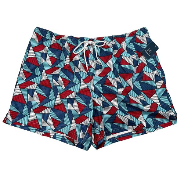 Shark Triangle Print Swim Trunks Men 3XL 48-50 Above The Knee 6" Inseam Blue Red - Picture 1 of 10